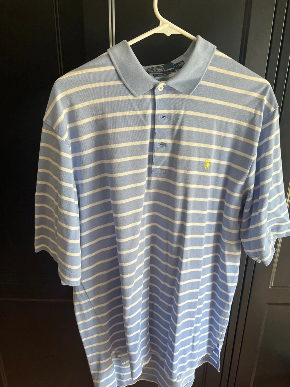 Ralph Lauren Light Blue and White Striped Polo with Yellow Pony